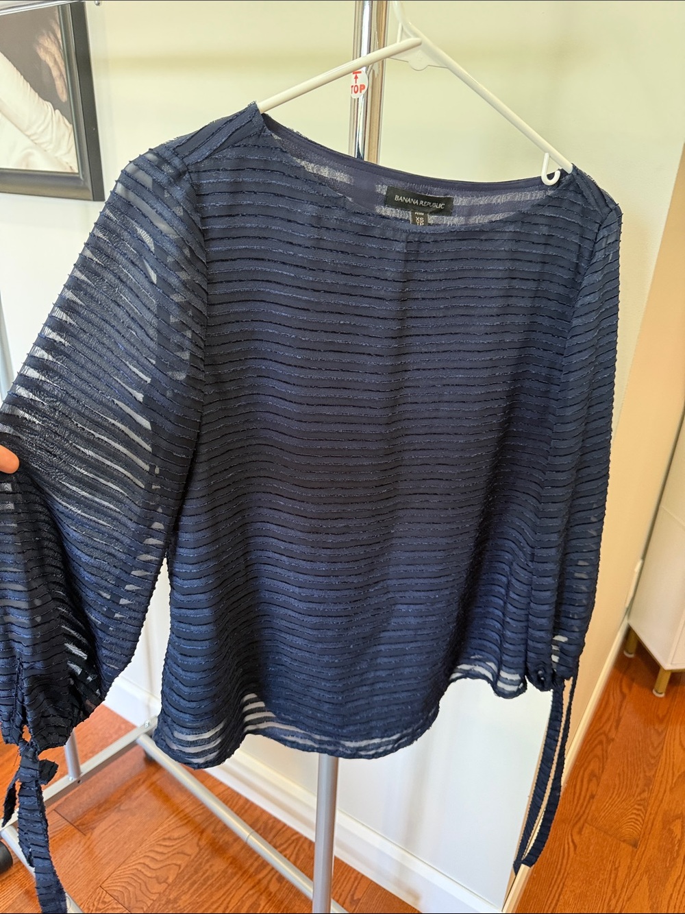 Banana Republic Navy Sheer Horizontal-Stripe Tie-Sleeve Blouse